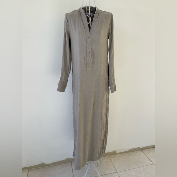 Vince Dresses & Skirts - VINCE Caftan Maxi Shirt Dress Linen Viscose Long, slits, pockets beige size 0